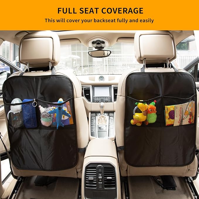 2 Pack Kick Mat Backseat Protector,Back Seat Cover for Kids,Car Seat Back Protectors with 2 Pocket Storage Organizer for Car, SUV, Minivan or Truck Seats (Black)