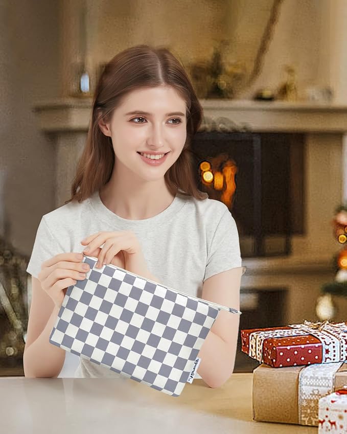 Narwey Small Checkered Makeup Bag for Purse Small Cosmetic Bag Women Travel Makeup Pouch Zipper Pouch (Grayish Blue Checkerboard)