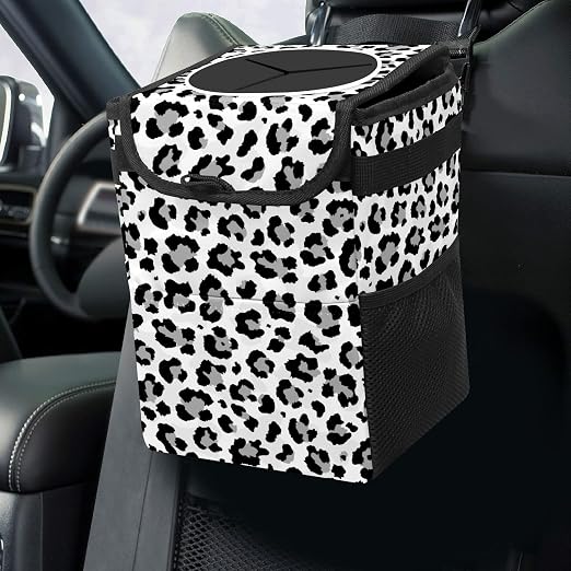 Black and Grey Leopard Trash Can with Lid - Collapsible Reusable Waterproof Garage Bag, Automotive Garbage Can, Car Accessories Interior Organizer