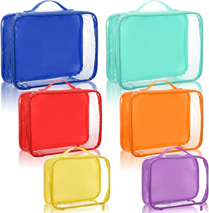 6 Pcs Clear Packing Travel Cubes Set Reusable See Through Premium PVC Plastic Organizer Bag with Handle for Summer Camp Travel Luggage Storage Organizer Multipurpose Pouch Toiletry Bag(Rainbow)