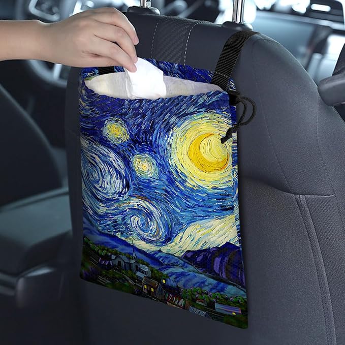 Car Trash Bag Hanging Back of Seat Waterproof Small Cute Printed One-Handed Strap Drawstring Garbage Bags for Car-Starry Night