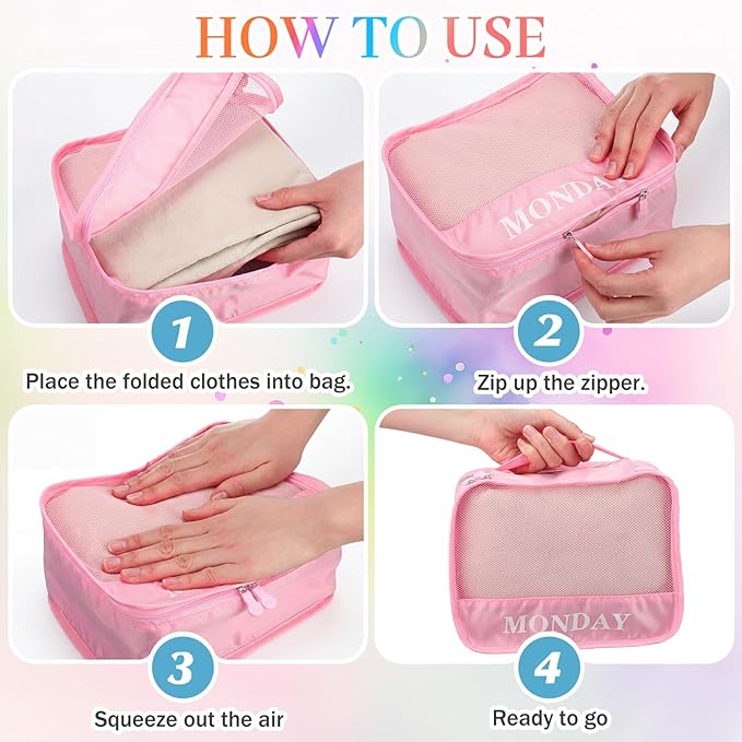 Days of Week Packing Cubes Weekly Organizer Travel Storage Bag School Clothes for Kids Summer Camp Family(9x7x3inch,Macaron,15)