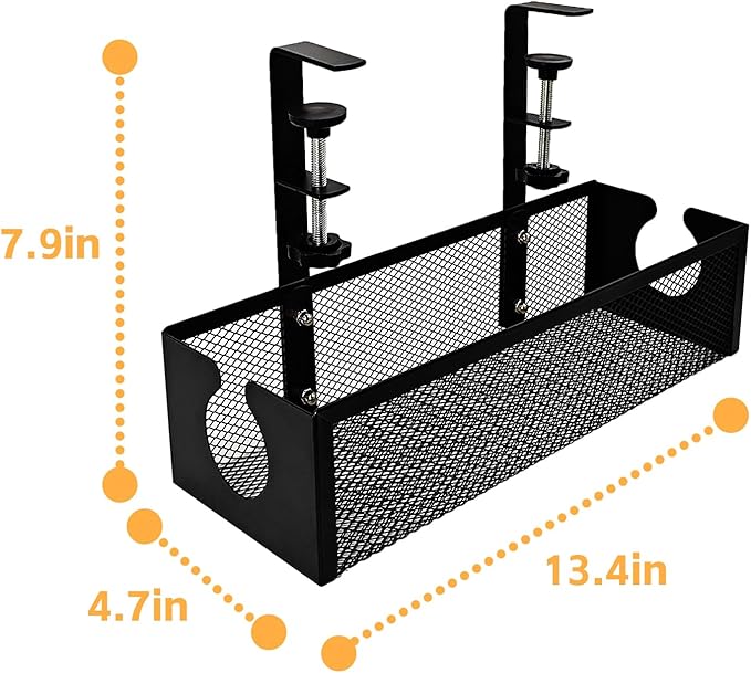Under Desk Cable Management Tray – No Drill Metal Mesh Cord Organizer for Home Office & Standing, Adjustable Wire Organizer, Space-Saving Desk Tray (Black)