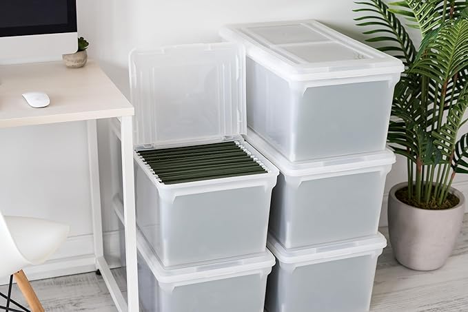 IRIS USA File Box, File Organizer w/Hinged Split Lid for Letter File, Important Document Box, Plastic Storage Filing Bin for Moving, Stackable Nestable Portable, Clear 44 Qt. 5 Pack