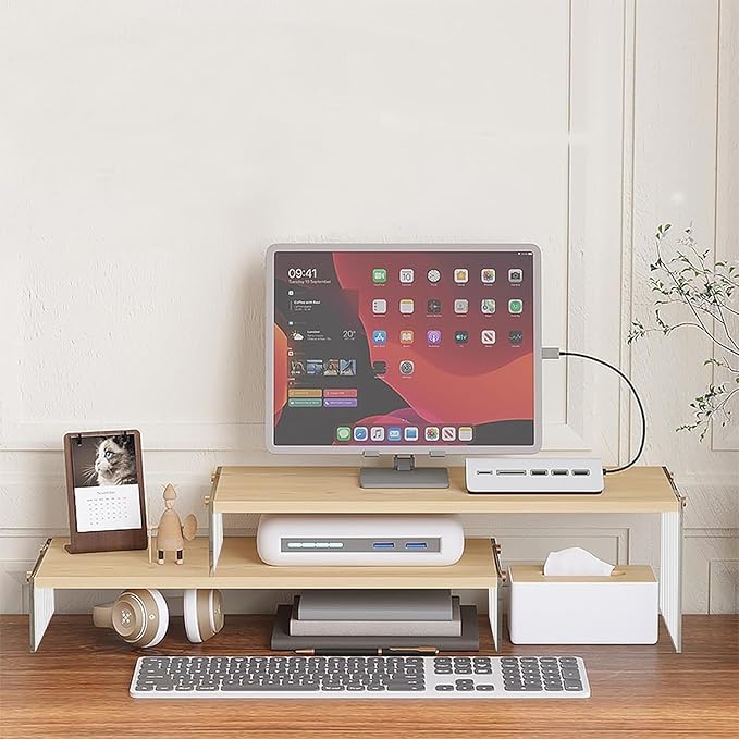 YGYQZ Adjustable Monitor Stand Riser with Acrylic Legs丨19.3" Length Dual Monitor Stand for Desk丨2-Tier Wood Desktop Organizer for Computer, Laptop, Printer & PC丨Modern Aesthetic Desk Shelf(wood-wavy)