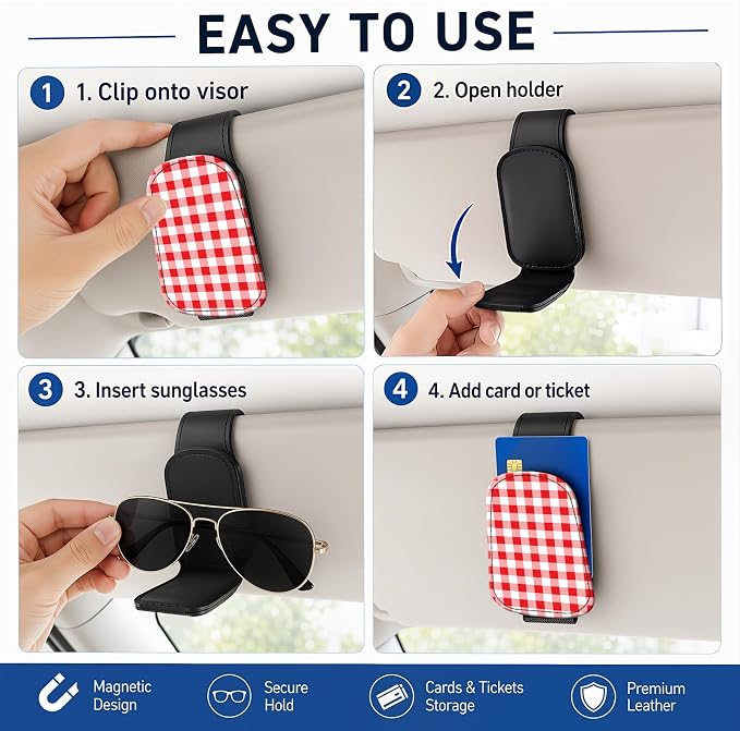 Leather Magnetic Sunglass Holder for Car Sun Visor, Cute Eyeglass Ticket Card Hanger Clip, Universal Auto Interior Accessories for SUV Pickup Truck, Red Checkered