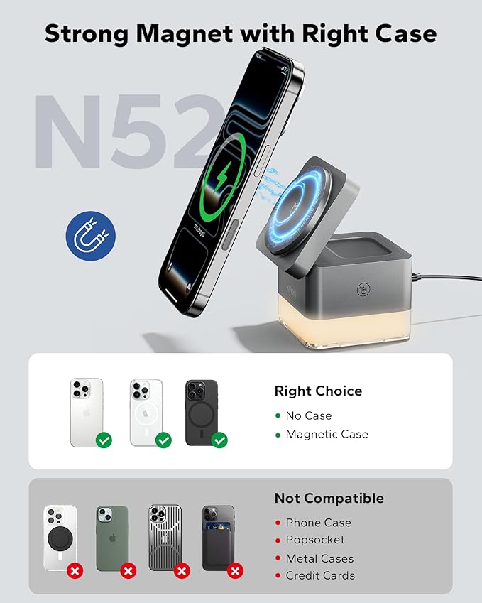 KPON for iPhone Nightstand Charging Station,15W 3 in 1 Wireless Phone Charger Stand with Night Lamp, Travel Foldable Magnetic Cube Magsafe Dock for iPhone 17 16 15 14 13 12 Series/Apple Watch/Airpods