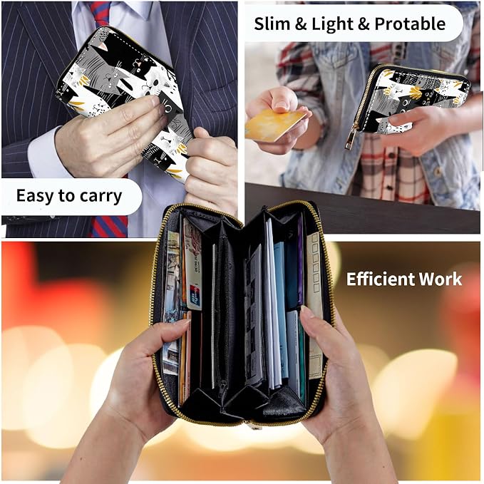 Wallet,Leather Long Wallet Suitable For Ladies And Teenagers - Detachable Wristband + RFID Travel Wallet With Card Slot - Funny Cats