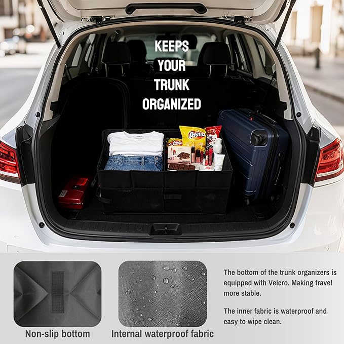 PAT SAM'S Car Trunk Organizer for SUV, Foldable Collapsible Storage Organizer with Dividers, Non-Slip Waterproof 600D Oxford, Backseat & Trunk Storage for Groceries, Tools, Toys (Black)