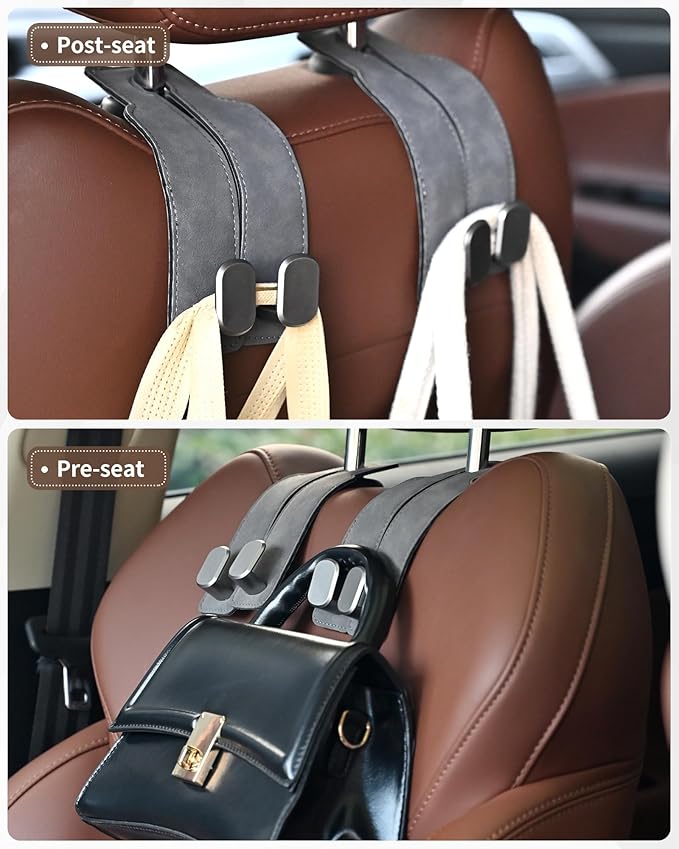 Headrest Hooks for Car, 4 Pack Car Seat Back Organizer Storage Hook, Double Hook Car Seat Hooks for Hanger Purses and Bags, Leather Purse Holder for Car, Black