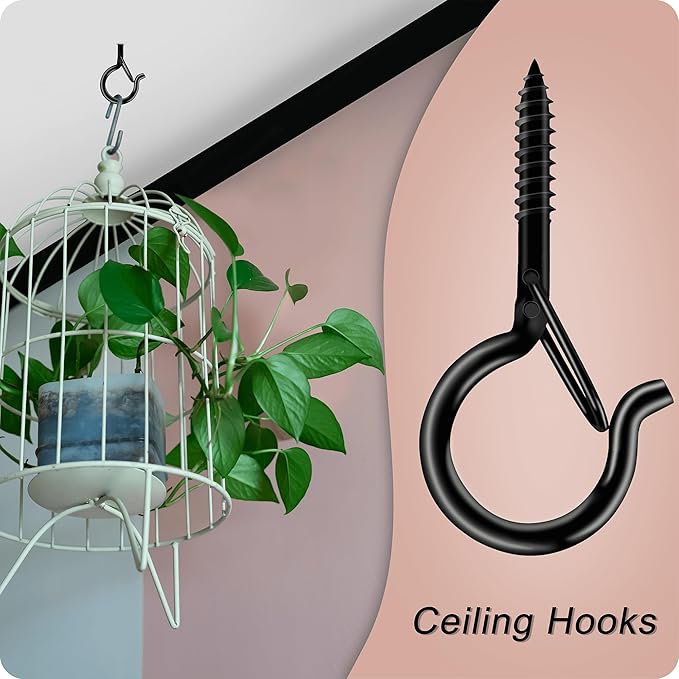 Black Screw Hooks with Safety Lock 2.3" Rustproof Metal Ceiling Hooks for Hanging Plants, Baskets,String Lights & Outdoor Decor, 40LB Capacity (10, Black)