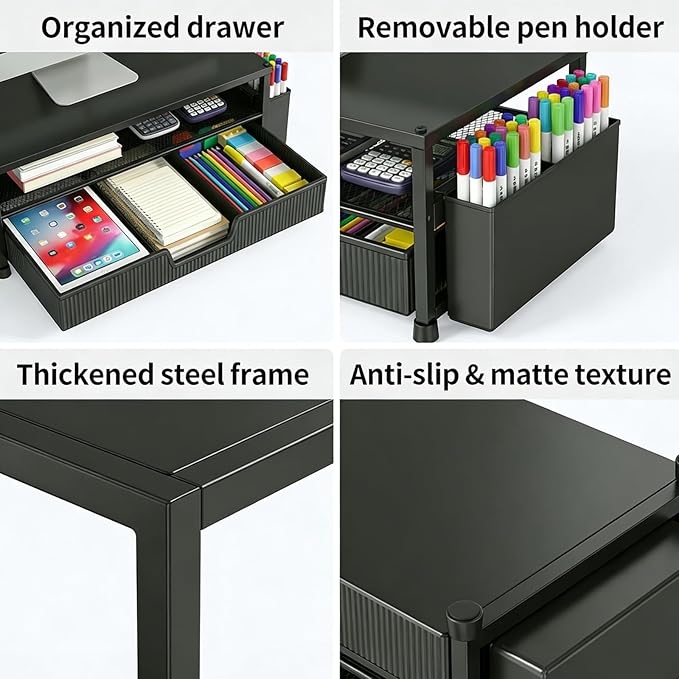 ECOLOVI Desk Organizer and Accessories, 2-Tier Computer Monitor Stand Rise with Storage Drawer & 2 Pen Holders, Laptop & Printer Stand for Desktop, Workspace Organizers for Office Supplies (Black 2-Pack))