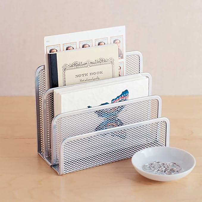 VANRA 2 Small Letter Sorters Desktop Envelopes Holder Organizer Metal Mesh with 3 Vertical Upright Compartments (2 Silver)