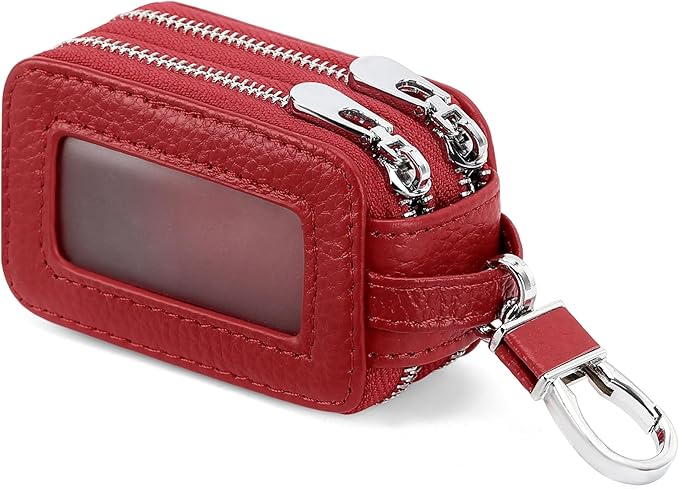 SENDEFN Car Key Fob Case Double Zipper Leather Smart Remote Keychain Protector Holder with Transparent Window