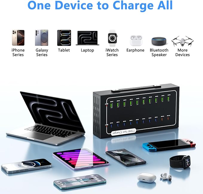 770W USB Charging Station with 20 Ports for Multiple Devices, 10 USB A+10 USB C, Charger Block,Smart Power Delivery & Multi Protection Compatible with iPhone/iPad/Tablets/Smartphones & More