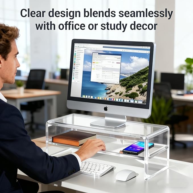 Acrylic Monitor Stand, 2 Tier Riser with Storage Shelf, Clear, 16/20 Inch, Home Office Desk Organizer (20in)