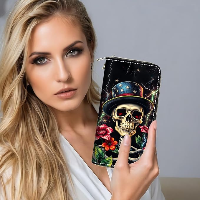 Funny Skull Flower Print Women Large Capacity PU Leather Zip Around Wallet, Multifunctional Clutch Purse for Cash/Card/Coin/Smart Phone
