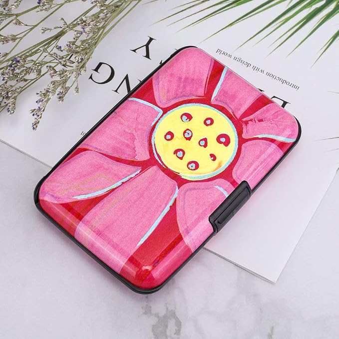 ELFISH RFID Blocking Credit Cards Holder Aluminum Wallet Metal ID Case for Men Women (Big pink flower)