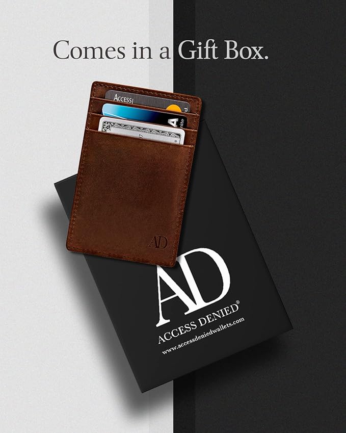 Access Denied Slim Minimalist Wallets For Men & Women - Leather Front Pocket Thin Mens Wallet RFID Credit Card Holder Gifts For Men