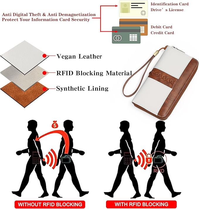 GOIACII Wallet for Women Ladies Wristlet Long Purse Zip Around Clutch RFID Blocking Vegan Leather
