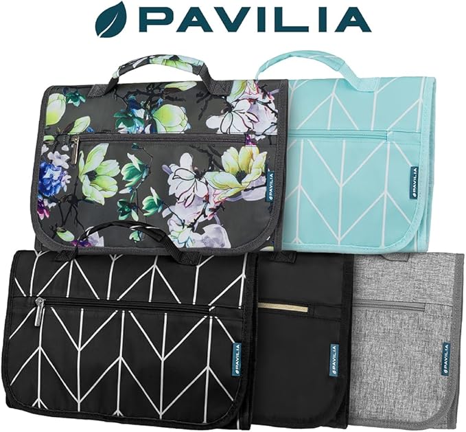 PAVILIA Hanging Toiletry Bag Women Men, Travel Kit Foldable Large Toiletries Organizer, Roll up Cosmetics Makeup Bag Accessories, Waterproof Essentials Jewelry Case (Floral Grey)