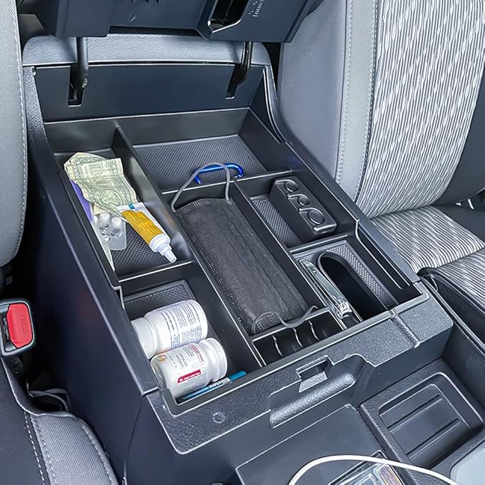 TACOBRO Center Console Organizer Compatible with 2014-2017 2018 2019 2020 2021 Tundra Accessories, Crewmax Interior Armrest Underseat Storage Box- Full-coverage Insert Tray, Red Trim