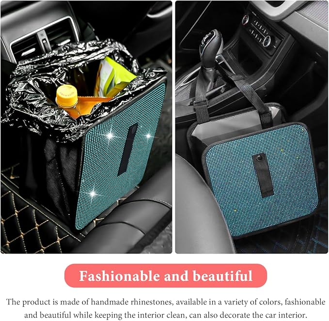 Car Foldable Trash Can, Bling Rhinestone Oxford Garbage Container Hanging Waterproof Organizer, Mini Crystal Dustbin Waste Basket Leakproof Trash Bin for Car Office Kitchen (Lake Blue)
