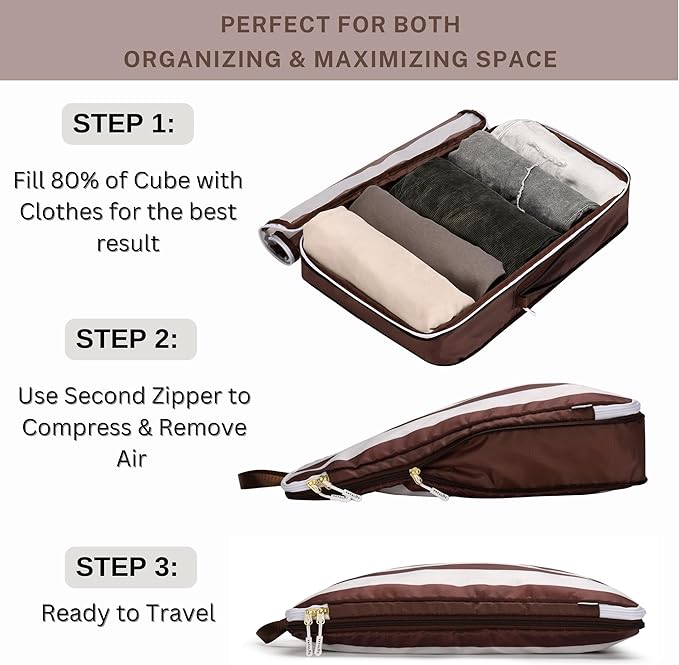 Extra Large Compression Packing Cubes for Checked Luggage, Lightweight Suitcase Organizers & Space Saver Bags - Travel Cubes for Packing - 2pc Set, X-Large - Brown Cabana Stripe