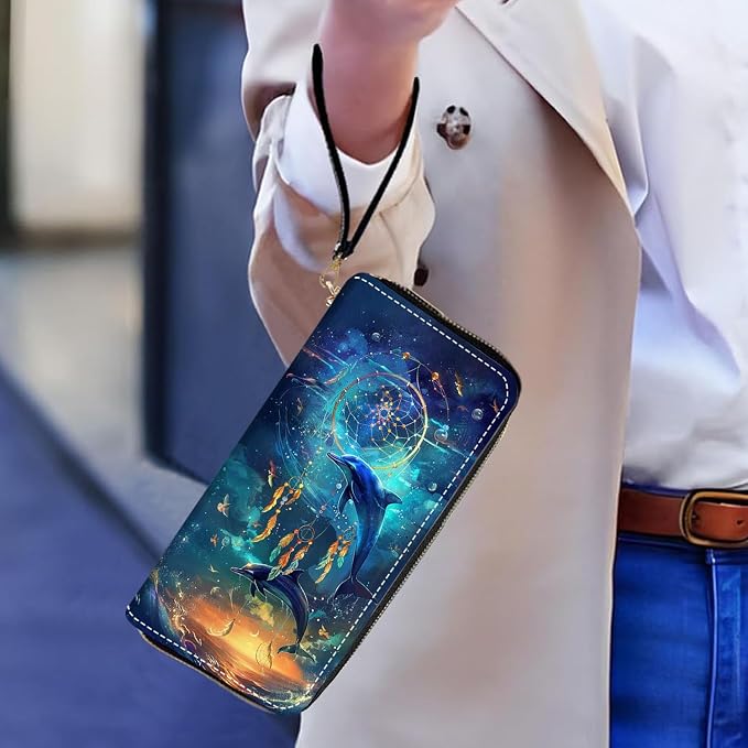 Women's Large Capacity Wallet PU Leather Zip Around Clutch Purse Multifunctional Wallet with Removable Wristlet Strap for Smart Phone/Coin/Card/Cash, Dream Catcher Dolphin