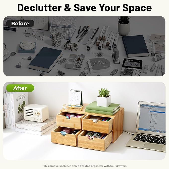 Desk Organizer 4 Drawers Tabletop Storage Organization Box, No Assembly Needed for Home Office Storage, 12.99 * 7.48 * 6.3in (2 above & 2 below)
