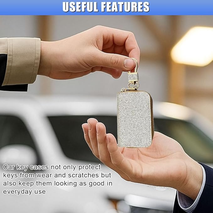 Bling Car Key Case, Leather Keyring Zipper Bag with Metal Hook, Remote Key Fob Cover, Auto Keychain Holder (Silver Gold)