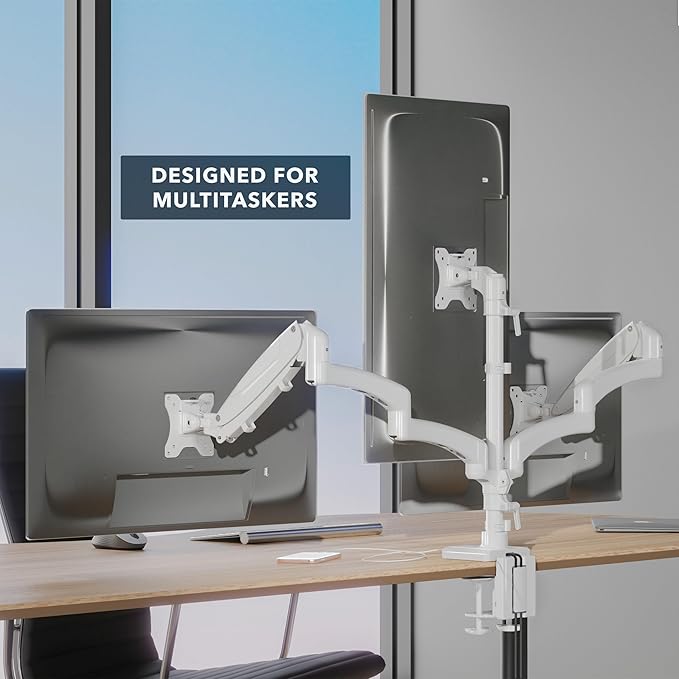 Mount-It! Triple Monitor Mount, 3 Monitor Desk Mount, Gas Spring Arms, Fits 13??7" Screens, VESA 75 & 100, Clamp or Grommet, USB-A & USB-C, White