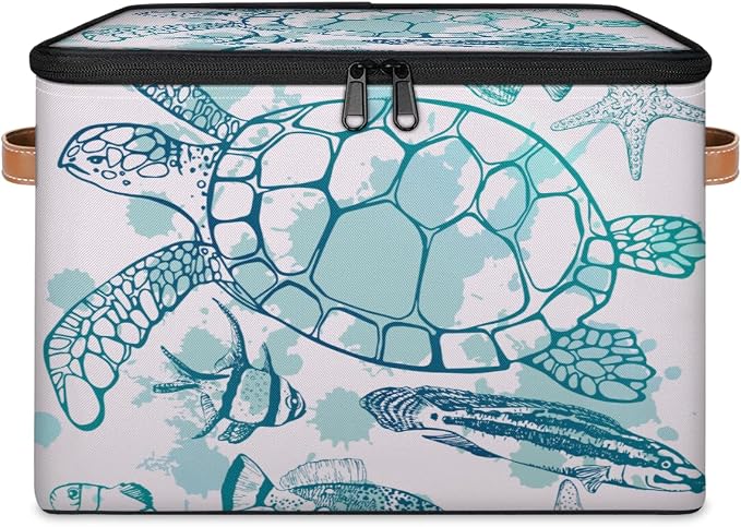 Sea Turtle Storage Basket for Bedroom Kitchen Bathroom Storage Bins with Lids Collapsible Toy Cube Storage Organizer for Kid Teen Women Men