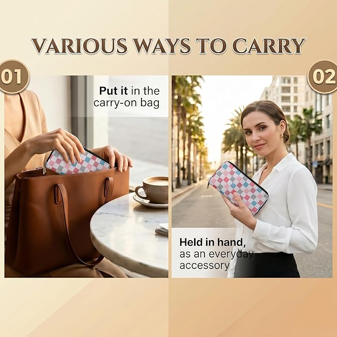 Colorful Plaid Long Wallet for Women, Dual Zipper Large Capacity PU Leather Card Holder with 12 Card Slots, Checkered Zip Around Clutch Purse for Daily Work Travel Use