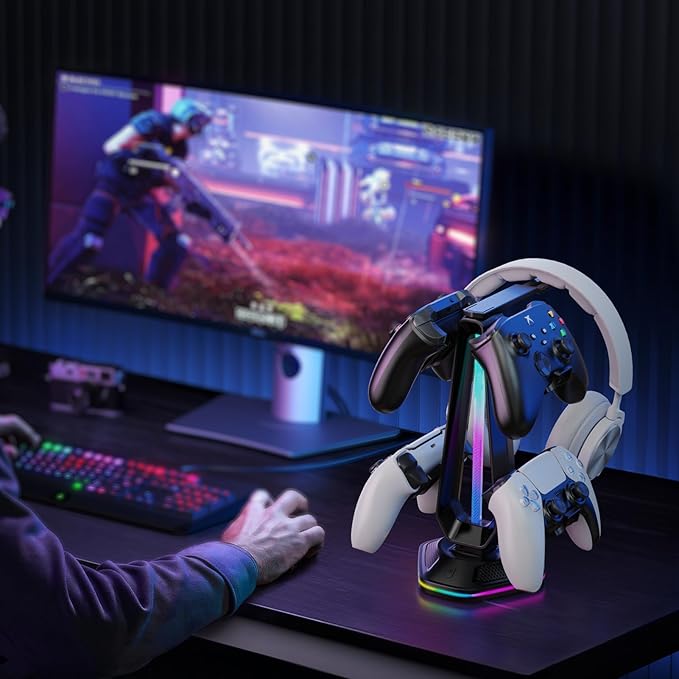 Gaming Headphones Stand with 12 Light Modes - Controller Holder for Desk, RGB Gaming Headset Stand with 2 USB Charging Ports - Supports Data Transfer, Earphone Hanger Accessories for Desktop Gamer