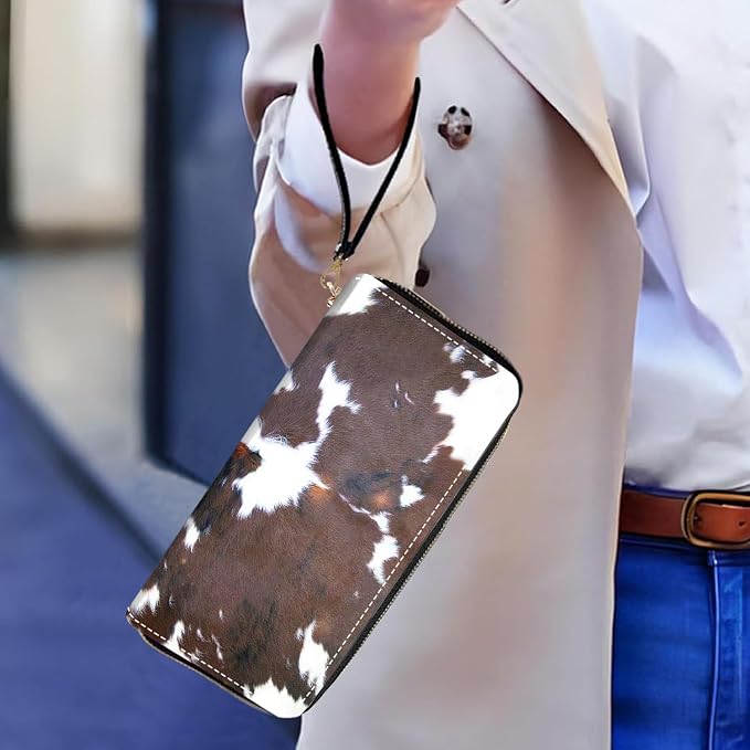 Women's Large Capacity Wallet PU Leather Zip Around Clutch Purse Multifunctional Wallet with Removable Wristlet Strap for Smart Phone/Coin/Card/Cash, Brown Cow Print