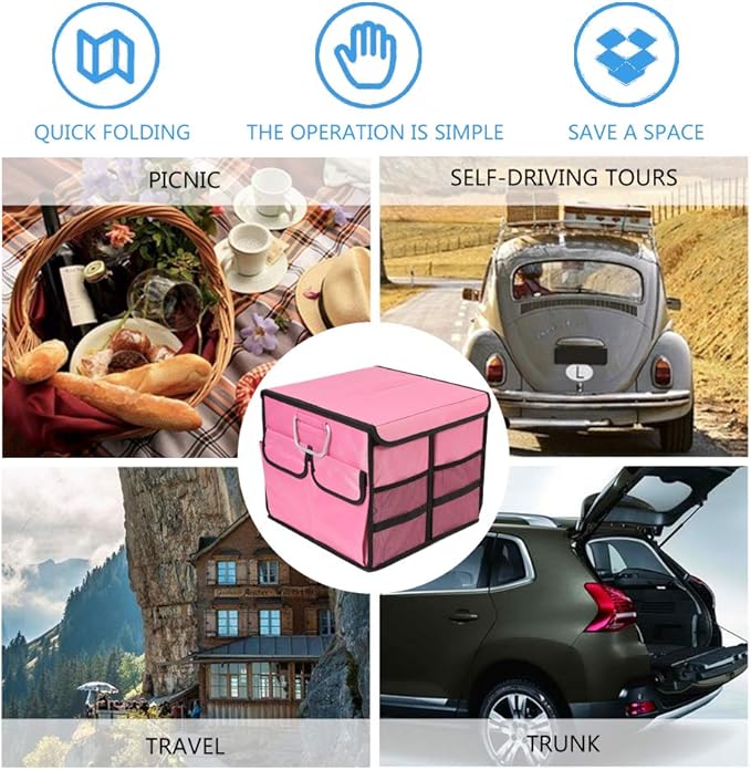 Car Trunk Organizer Collapsible Portable Multi Compartments Organizer with Non Slip Straps for SUV Truck Auto Vehicle Car Auto Minivan (Small covered, Pink)