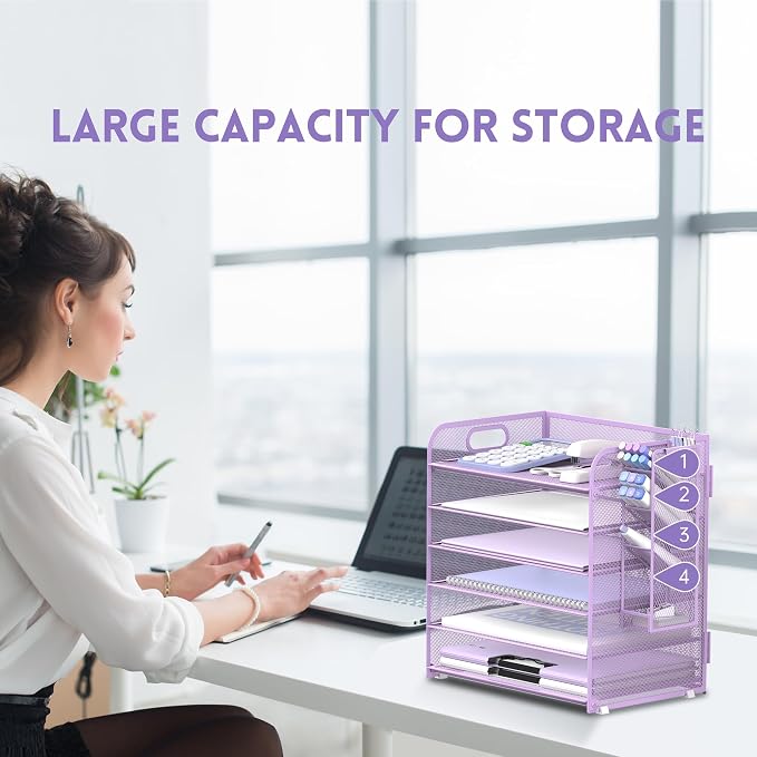 SUPEASY 6 Tier Paper Organizer with 4 Pen Holders, Mesh Letter Tray with Handle, A4 File Organizer, Purple