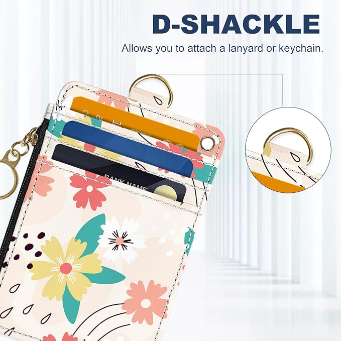 Slim Wallet Credit Card Holder, Pink and green flowers, RFID Wallet Women Cute Small Front Pocket Wallet With Zipper, PU Leather Thin travel RFID Blocking Card Case ID Window,Ladies Gifts