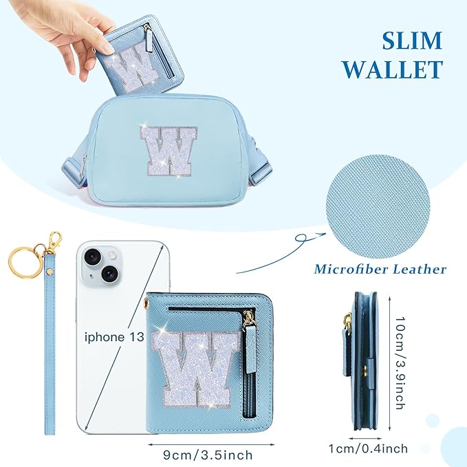 COSHAYSOO Small Wallet for Women Teenager Girl Personalized Initial Gift Preppy Letter Monogrammed Patch Mini Purse Waterproof for Travel Credit ID Cards Cash Holder Novelty Organizer Blue W