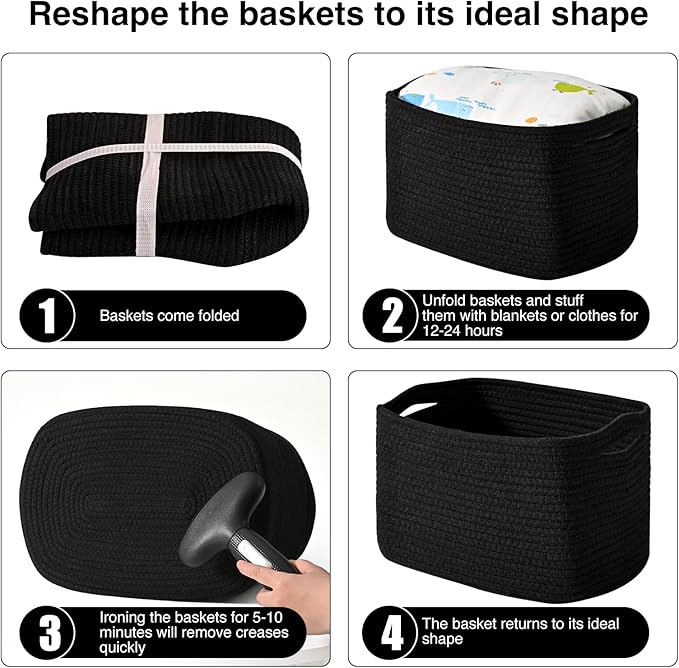 ICERZCZ Black Storage Baskets for Organizing Shelves, Toy Basket for Nursery, Woven Cotton Rope Basket for Decor, Towel Baskets for Bathroom, 15"x11"x9.5", 3 Packs, Black