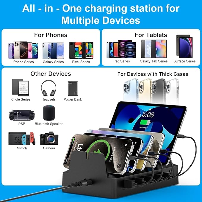 Charging Station for Multiple Devices, 6 Port USB Desktop Charger Dock Compatible with iPad, Samsung, Android, Tablet, Family Multi Phone Charging Organizer with Divider Holders, Fireproof ABS (Black)