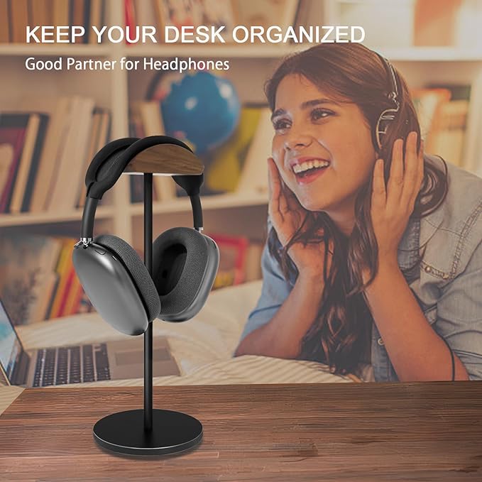 Headphone Stand for Desk - Headset Holder with Aluminum Alloy Support Rod, Gaming Headset Stand with Wooden Support Plate