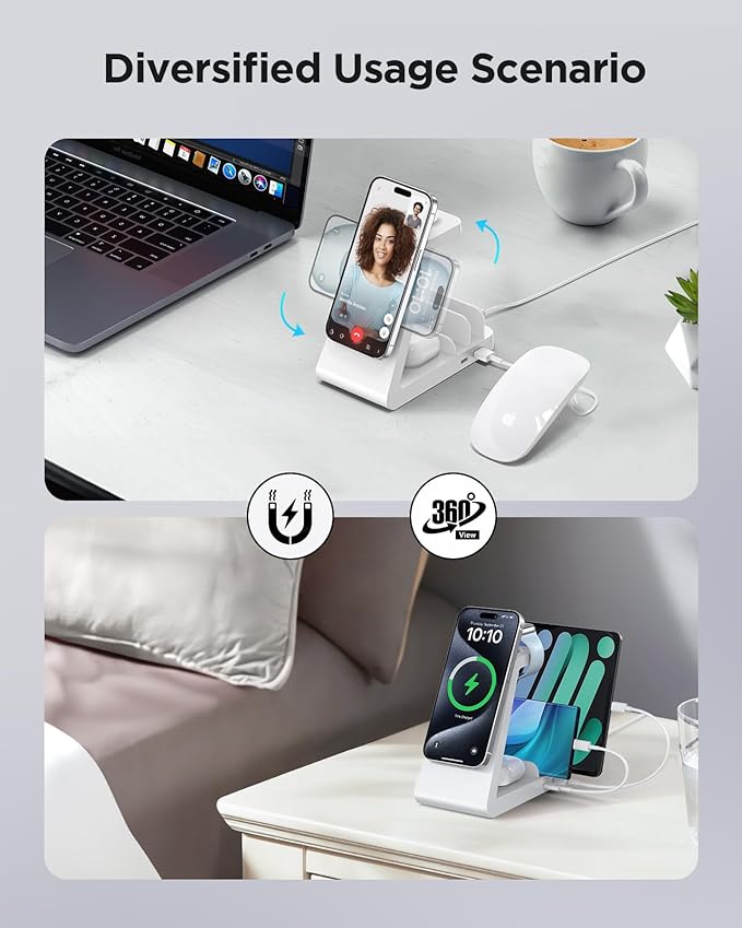 Charging Station for iPhone,5 in 1 Wireless Charger Stand Dock for Apple: Mag-Safe Charging Station for Multiple Devices Apple iPhone 17 16 15 14 13 12 Pro Max Plus Apple Watch iWatch Magnetic(White)