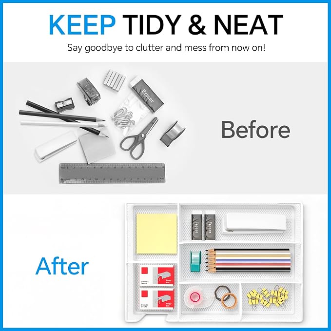 Desk Drawer Organizer, Office Drawer Divider Organizer Tray with 6 Compartments, Metal Mesh Desktop Organization and Accessories for Stationery Makeup Kitchen Toolroom School & Office (Large-White)