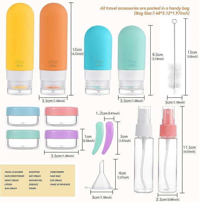 DEPOZA Travel Bottles Kit (16 Pack) - TSA Approved, Leak Proof Silicone Squeezable Containers for Toiletries. Complete Set with Jars, Sprayers & Bag (White)