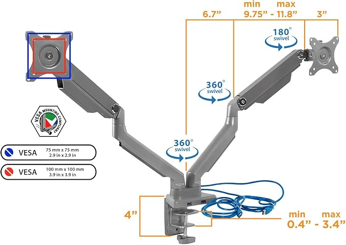 Mount-It! Dual Monitor Desk Mount with USB 3.0 Ports, Full Motion Dual Monitor Stand for 2 Screens up to 32 Inches, VESA 75x75 & 100x100, Clamp or Grommet Installation