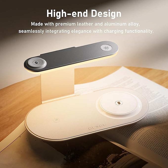 GUSGU 3 in 1 Charging Station with Three-Level Night Light, 15W Max Fast Charging, Wireless Charger for iPhone 15/14/13/12, iWatch S1-8/Ultra, AirPods(30W USB-C Charger Included), White