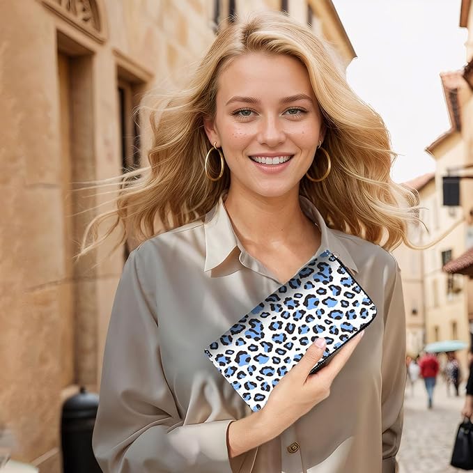 Bxgolkgd Womens Wallet, RFID Blocking Leather Wallet,Large Capacity Wallet Credit Card Holder PU Leather Ladies Clutch with Zipper Coin Pocket - Blue Leopard Print