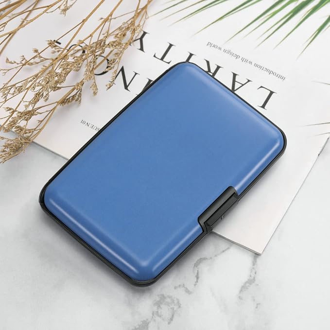 ELFISH RFID Blocking Credit Card Protector Aluminum ID Case Hard Shell Business Card Holders Metal Wallet for Men or Women(Matte Blue